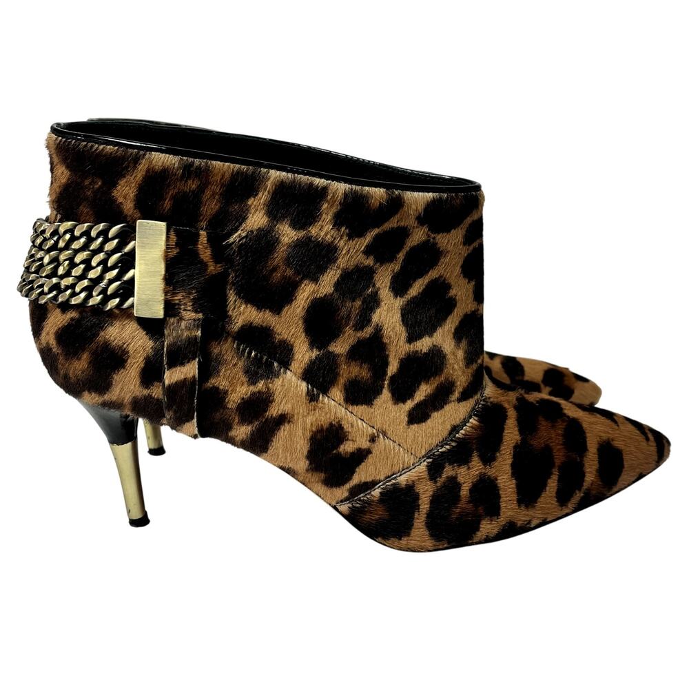Brian Atwood Leopard Pony Hair Ankle Boots with Gold Chain